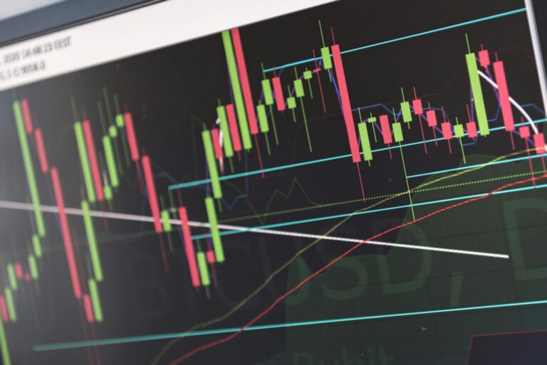 Close-up of vibrant stock market graphs displaying trading trends on a monitor, ideal for finance and cryptocurrency concepts.